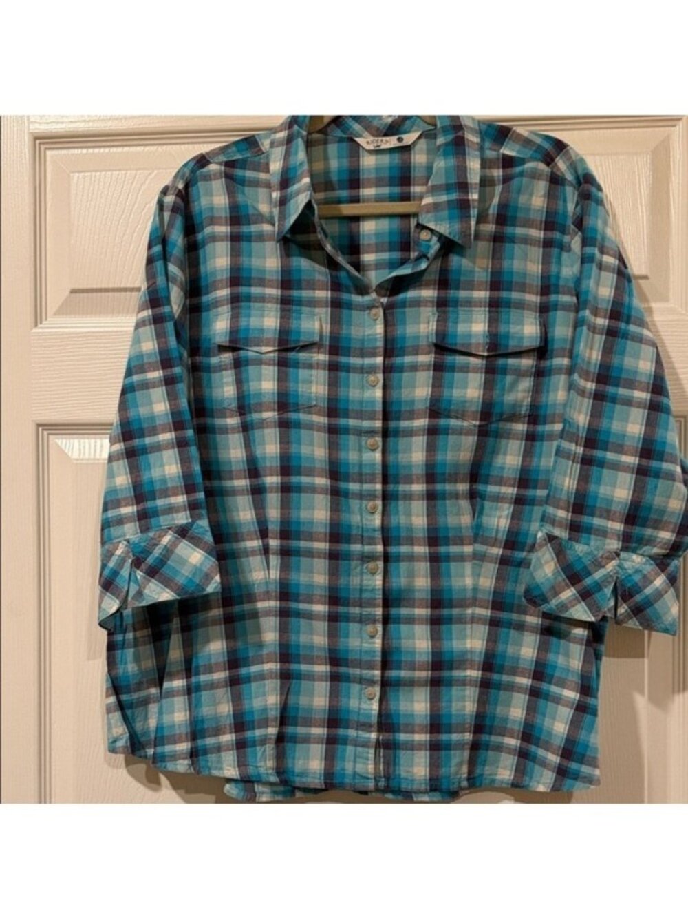 Riders By Lee Womens Plaid Button-Up Shirt 1X Turquoise & Burgundy 3/4 Sleeve
